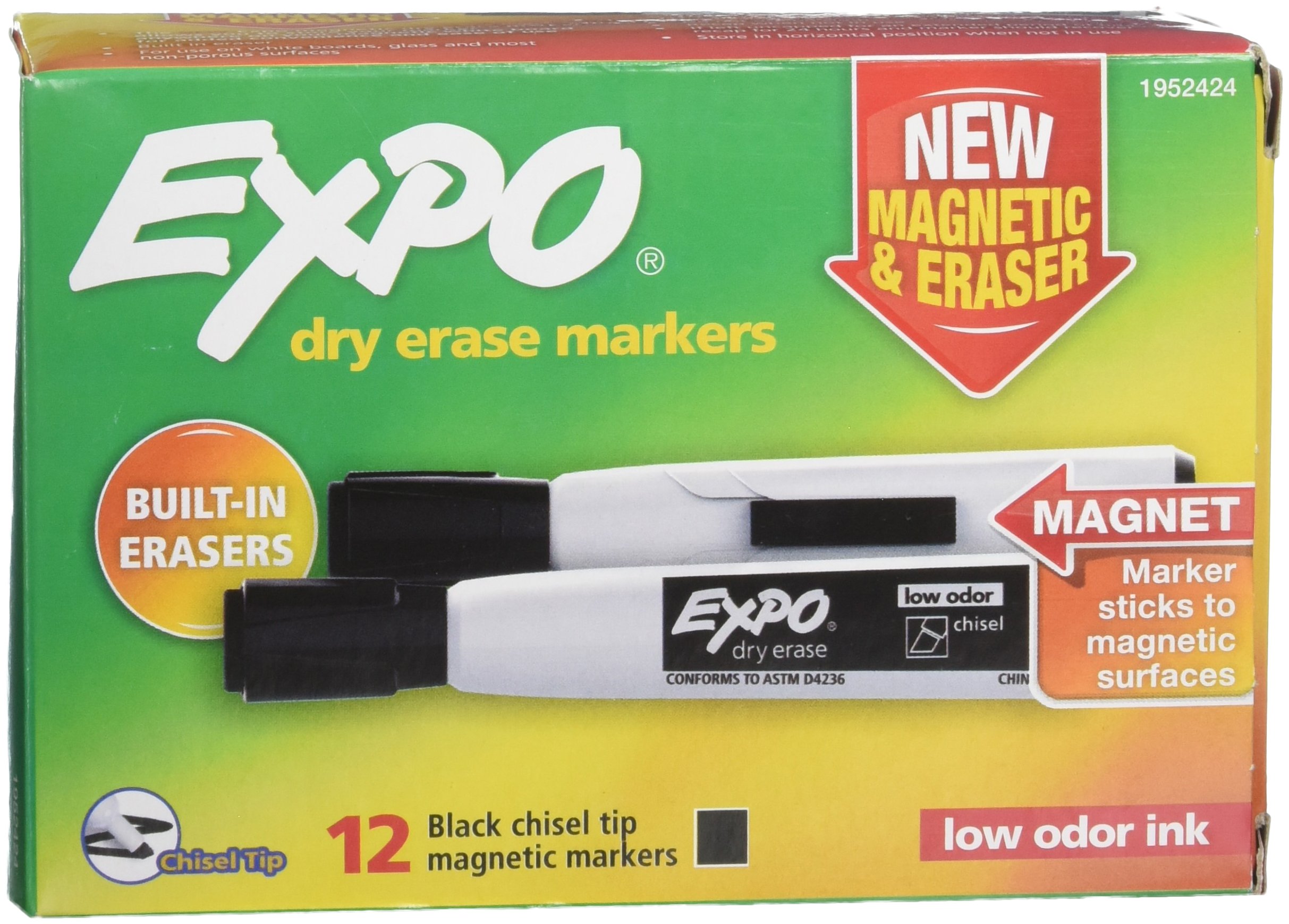 EXPO Magnetic Dry Erase Marker with Eraser Chisel Tip Black 12-Count