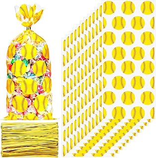Outus 100 Pieces Softball Party Cello Bags Cellophane Softball Treat Bags Softball Goody Gift Treat Bags with 200 Gold Twist Ties for Birthday Favors Party Supply Bags Goody Favor Bags (Transparent)