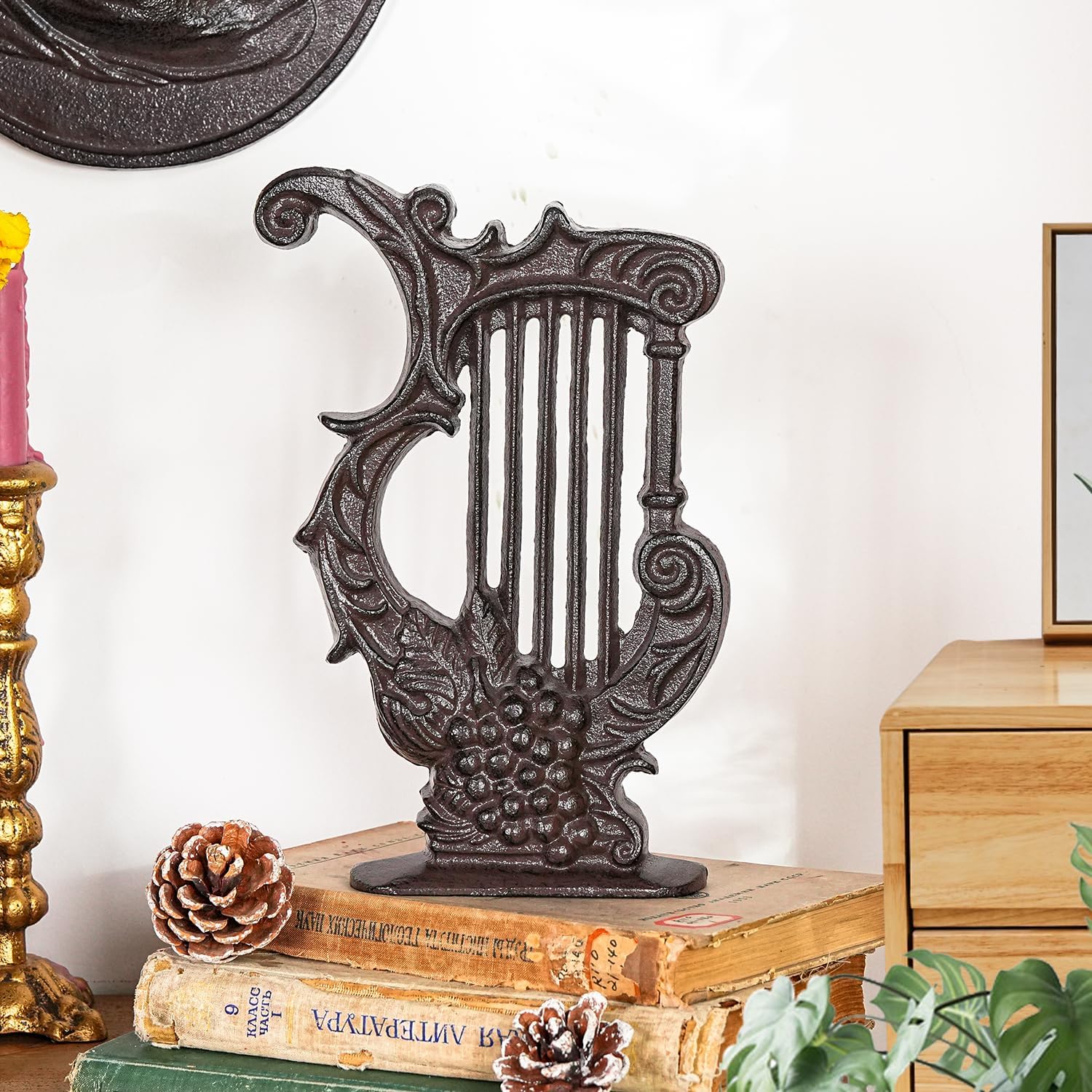 Sungmor Vintage Cast Iron Lyre Figurine - Antique Music Instrument Sculpture, Decorative Harp Accent for Shelf, Mantel, Desk, Home & Office Décor - Image 2