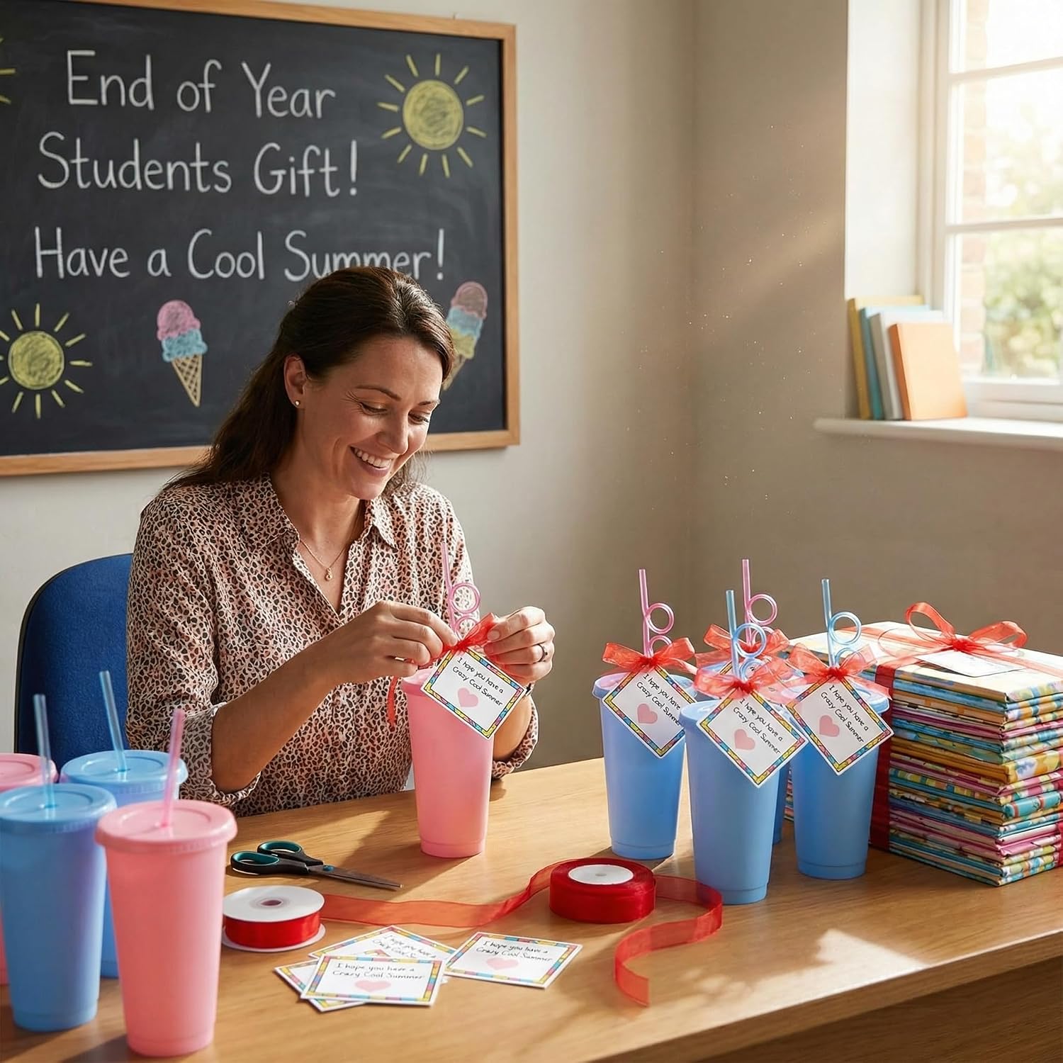 Skylety 24 Sets End of Year Students Gift from Teacher Plastic Tumbler with Lid and Straw Crazy Summer Cards for Classroom School Student End of Year Graduation Gifts