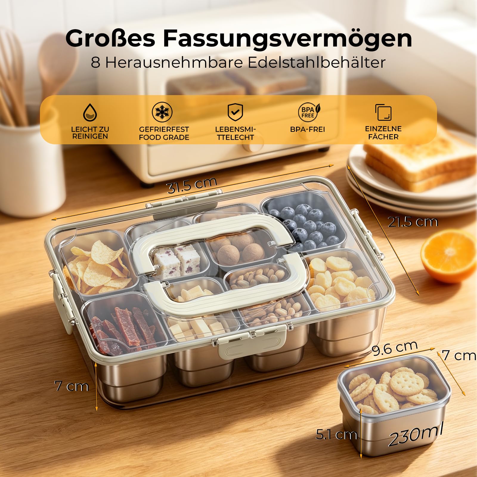 HiTauing Caja para aperitivos con 8 compartimentos de acero inoxidable, plato de aperitivos con asa y 8 tapas individuales, evita la transferencia de olores Ldeal, fácil de limpiar