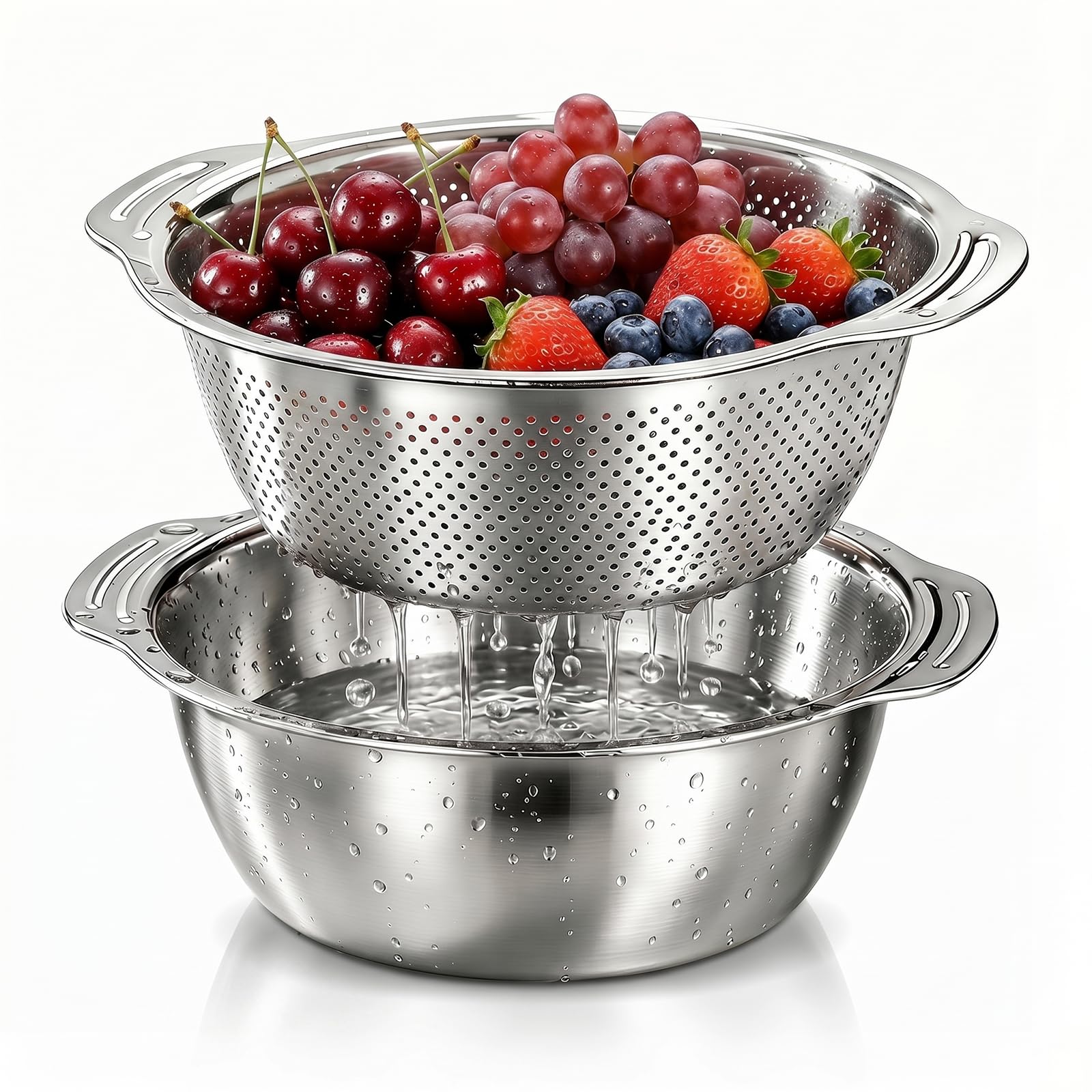 2Pcs Colander & Mixing Bowl Set 27cm Stainless Steel Strainer with Handles