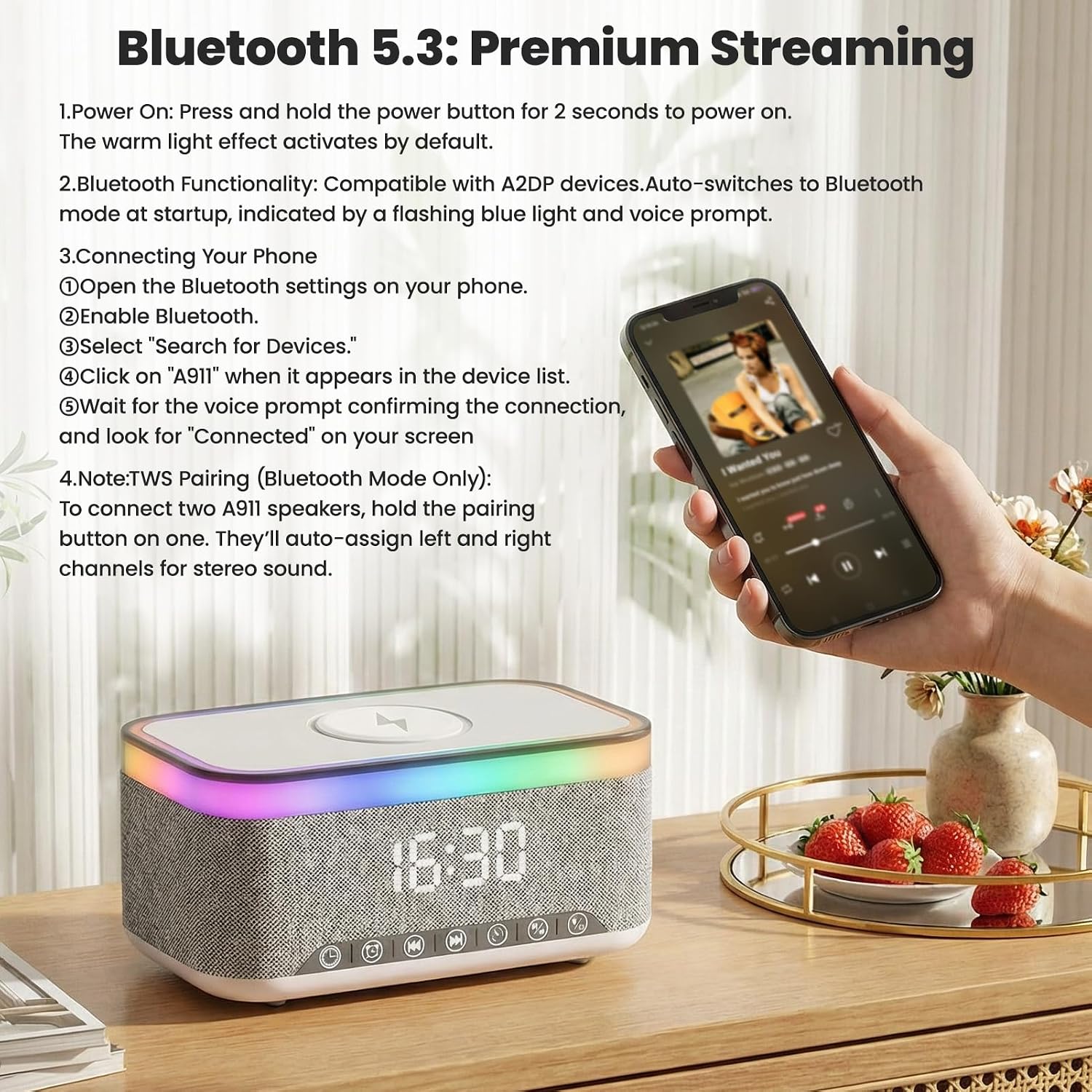 Bluetooth Alarm Clock Speaker, Dimmable Clock Radio with 15W Wireless Charging, 13-Color Night Light, White Noise, FM Radio, USB/AUX, Digital Clock (24H) for Home, Office, Bedroom and Present(White)