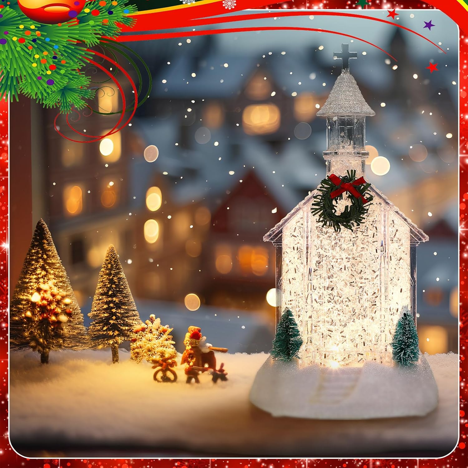 Youyole Christmas Lighted Church Acrylic Water Lantern Snow Globe with Evergreens and Wreath LED Village LED Lighted Swirling Glitter Church Decor for Christmas Home Gifts Holiday Decor