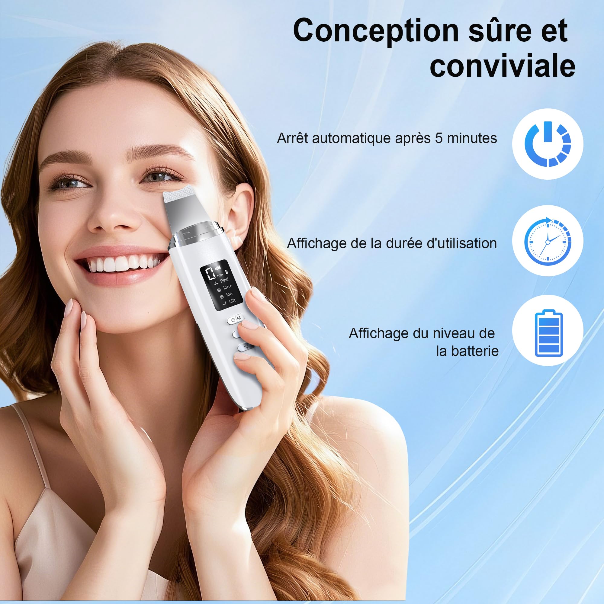 Épurateur de Peau à Ultrasons, Épurateur Visage Skin Scrubber avec 4 Modes et Intensité Réglable, Lumière Rouge et Bleue, Appareil de Nettoyage Exfoliant à Ultrasons