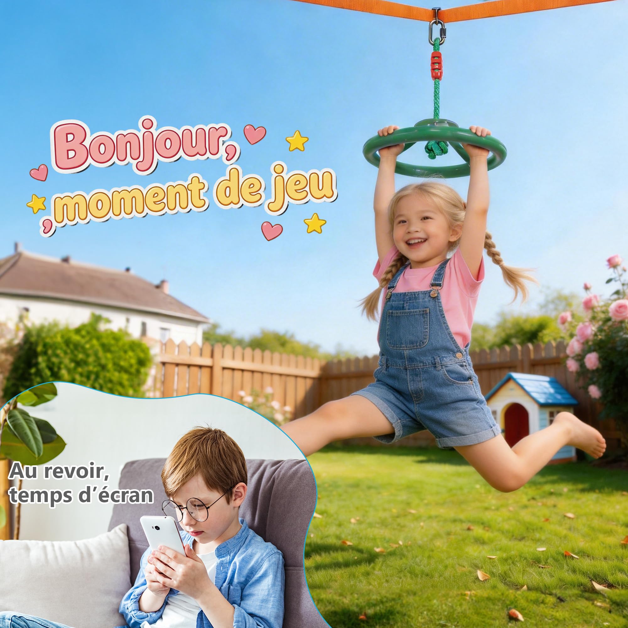 Slackline Kit pour Enfants, 15M Ninja Parcours d'obstacles pour Filles et Garçons, Comprend Échelles, Nœuds de Corde, Roues de Ninja, Anneaux de Suspension, Échelles d'escalade, etc