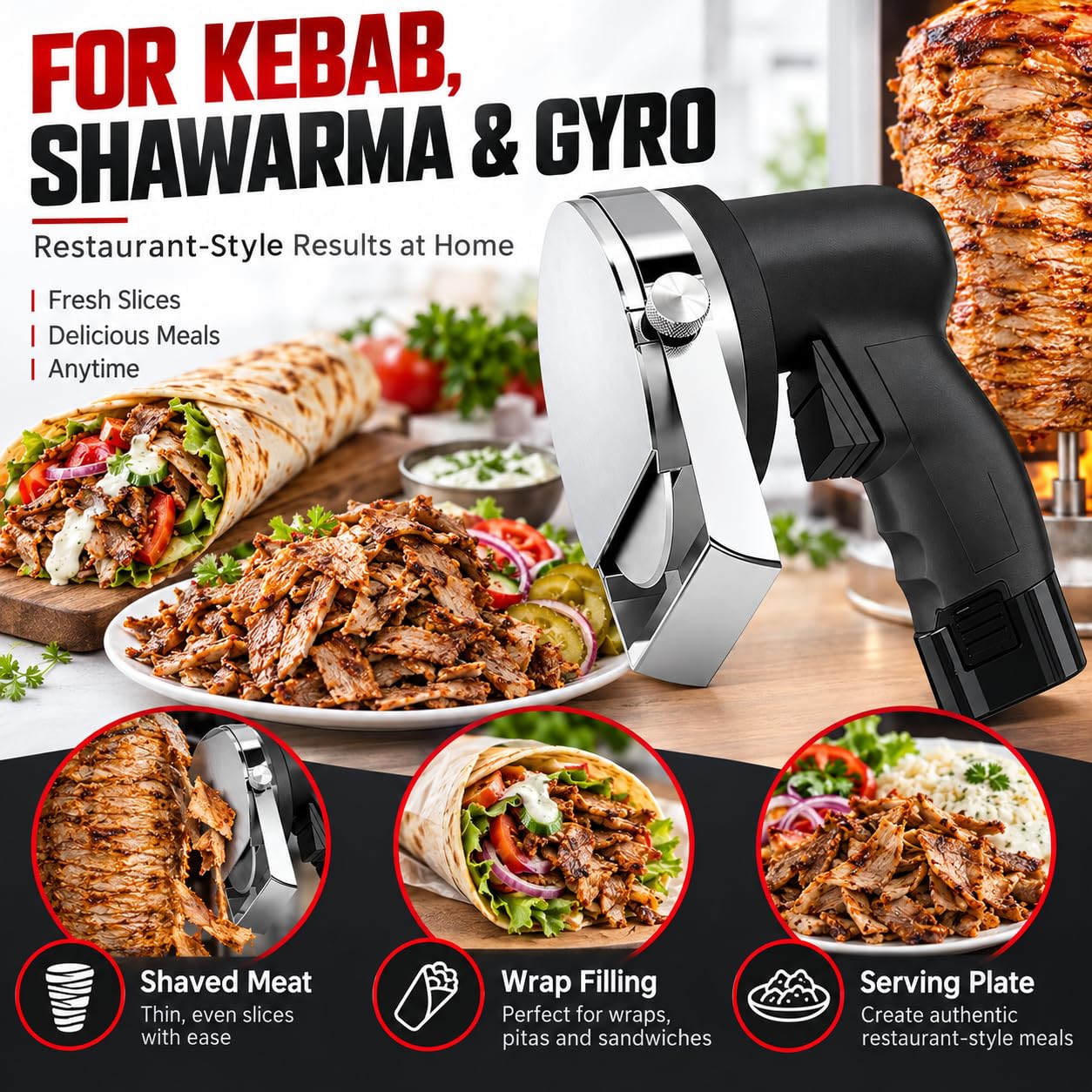 Affettatrice Kebab elettrica, 80 W, Senza Fili, Spessore da 1-8 mm