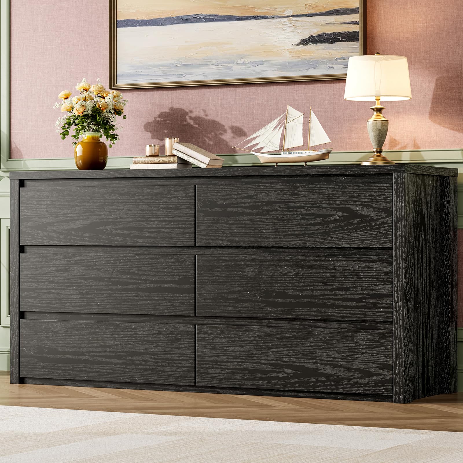 Assembled Garvee 6-Drawer Dresser in black wood finish.