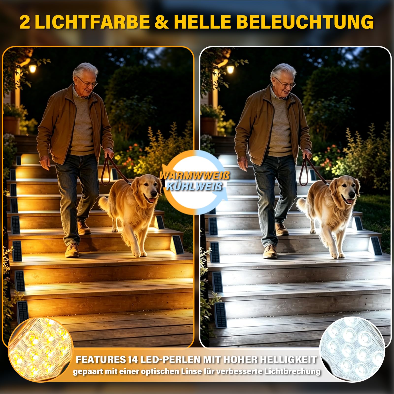 Lot de 4 lampes solaires d'escalier d'extérieur - Blanc froid et blanc chaud - Étanche IP67 - Pour sol, véranda, décoration, cour, allée, jardin, trottoirs