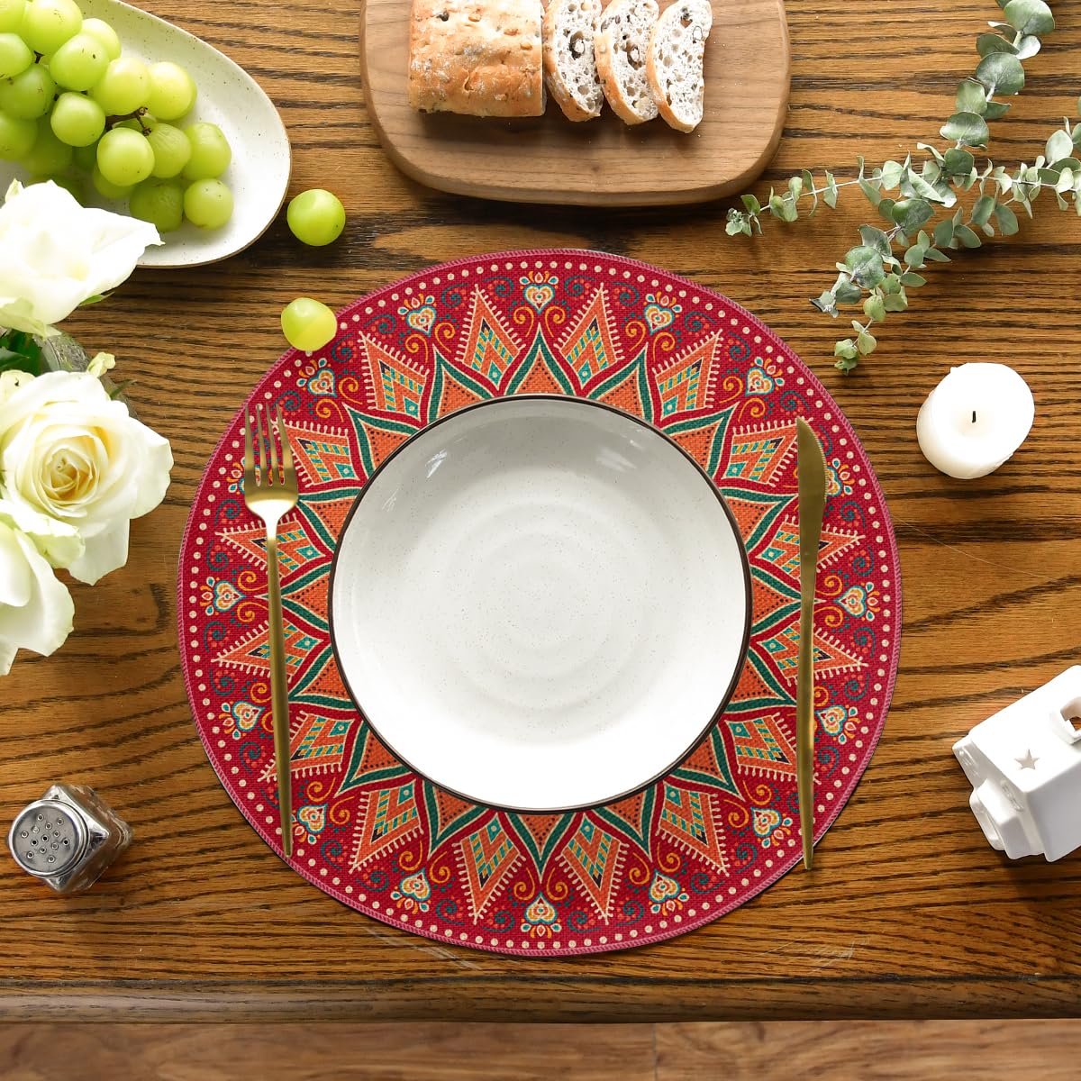 Artoid Mode Red Mandala Round Placemats Set of 4,14 Inch Seasonal Spring Farmhouse Table Mats for Party Kitchen Dining Decoration