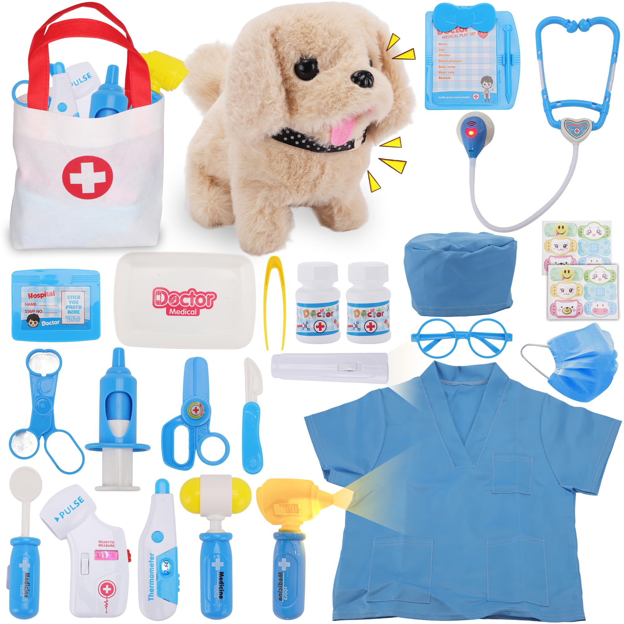 TEUVO Doctors Set for Kids - Children Pet Vet Care Play Set with Vet Doctor Costume, Dog Toys, Stethoscope, Pretend Role Play Medical Kit Toys Gifts for 1 2 3 4 5 6 7 8 Year Old Toddlers Girls (25Pcs)