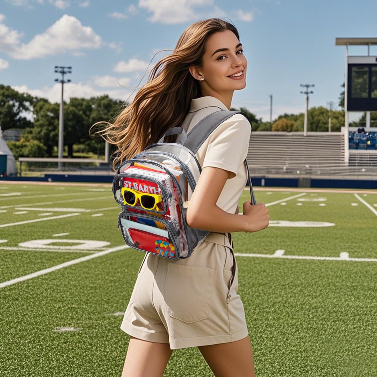 MAY TREE Clear Backpack Stadium Approved, 12x10x6 Inches Small Clear Bag with Padded Straps for Stadium Events, Concert, and Work, Grey - Image 2