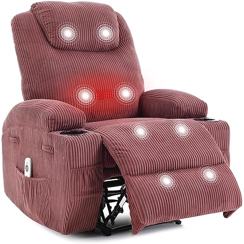 Ultra-Comfortable Corduroy Power Recliner Chair, Adjustable Electric Massage & Heated Recliner for Adults, 135° Back/Forth, Dual Cup Holders, USB Port, Double Side Pockets, Tool-Free Assembly - Pink