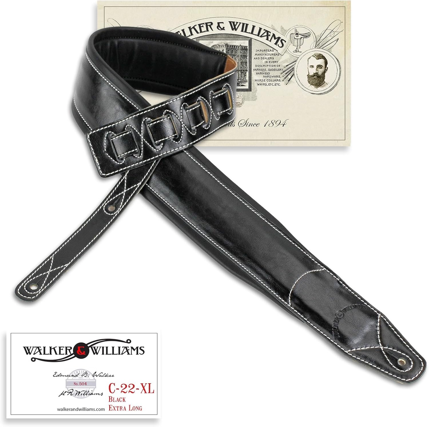 Walker & Williams C-22-XL Premium Black Grain Leather Guitar Strap Extra Long Double Padded up to 61" For Acoustic, Electric, And Bass Guitars
