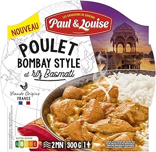 Paul & Louise Poulet Bombay Style & Riz Basmati 300 g – Plat Cuisiné Saveurs Indiennes – Barquette Micro-Ondable – Longue Conservation