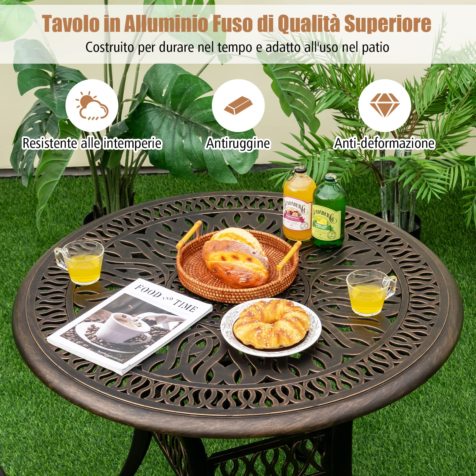 COSTWAY Tavolo da Pranzo 90 cm, con Foro per Ombrellone 5 cm | Tavolo da Esterno in Alluminio, Piedini Regolabili, Mobile Rotondo da Giardino Esterno, 90 x 74 cm