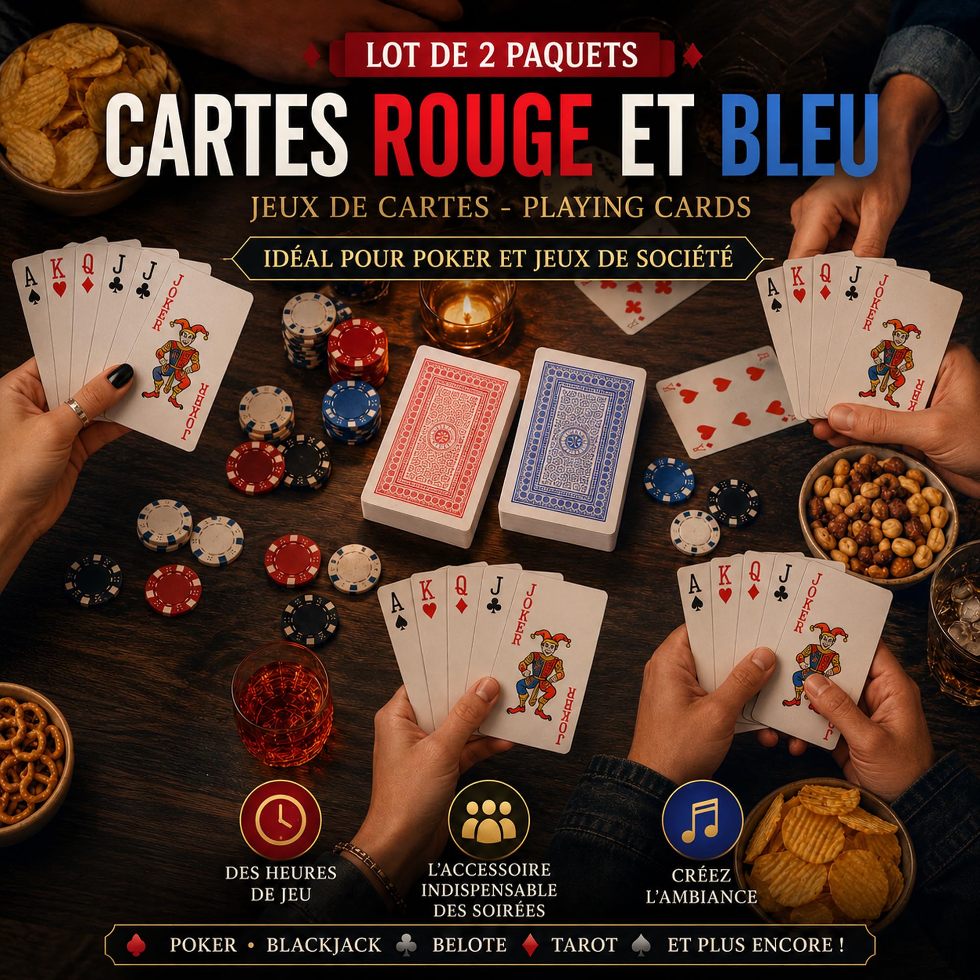 Jeux de Cartes Rouge et Bleu Lot de 2 - Cartes à Jouer pour Poker et Jeux de Société