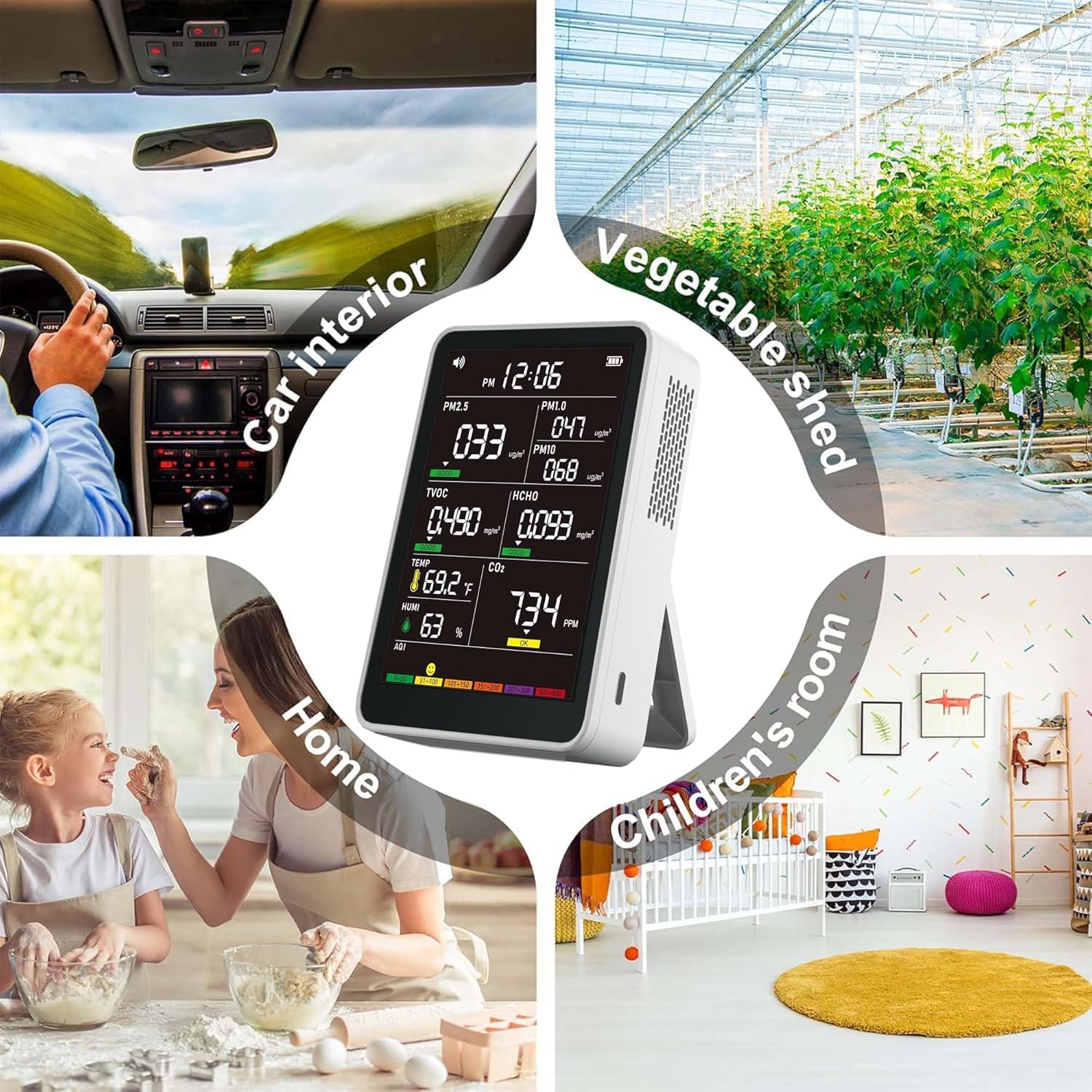 Monitor profesional de calidad del aire interior con AQI, detector portátil en tiempo real para coches, plantas y mascotas