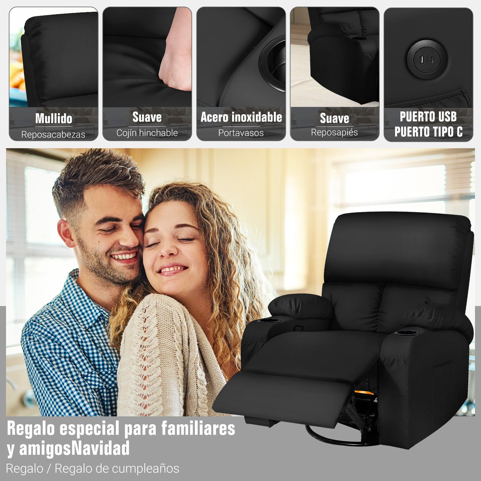Schaukelstuhl mit Relaxfunktion, Massagesessel mit Vibration und Wärme, USB- und Type-C-Anschlüsse, 360° drehbar, Kunstleder, Schwarz