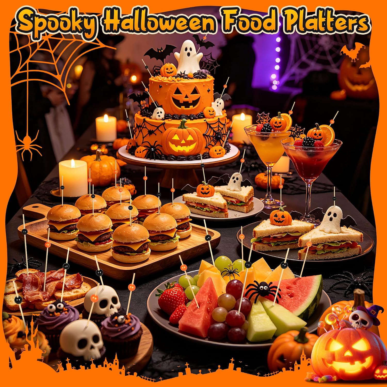 100 Halloween Cocktail Picks, Black Orange Pearl Toothpicks for Appetizers