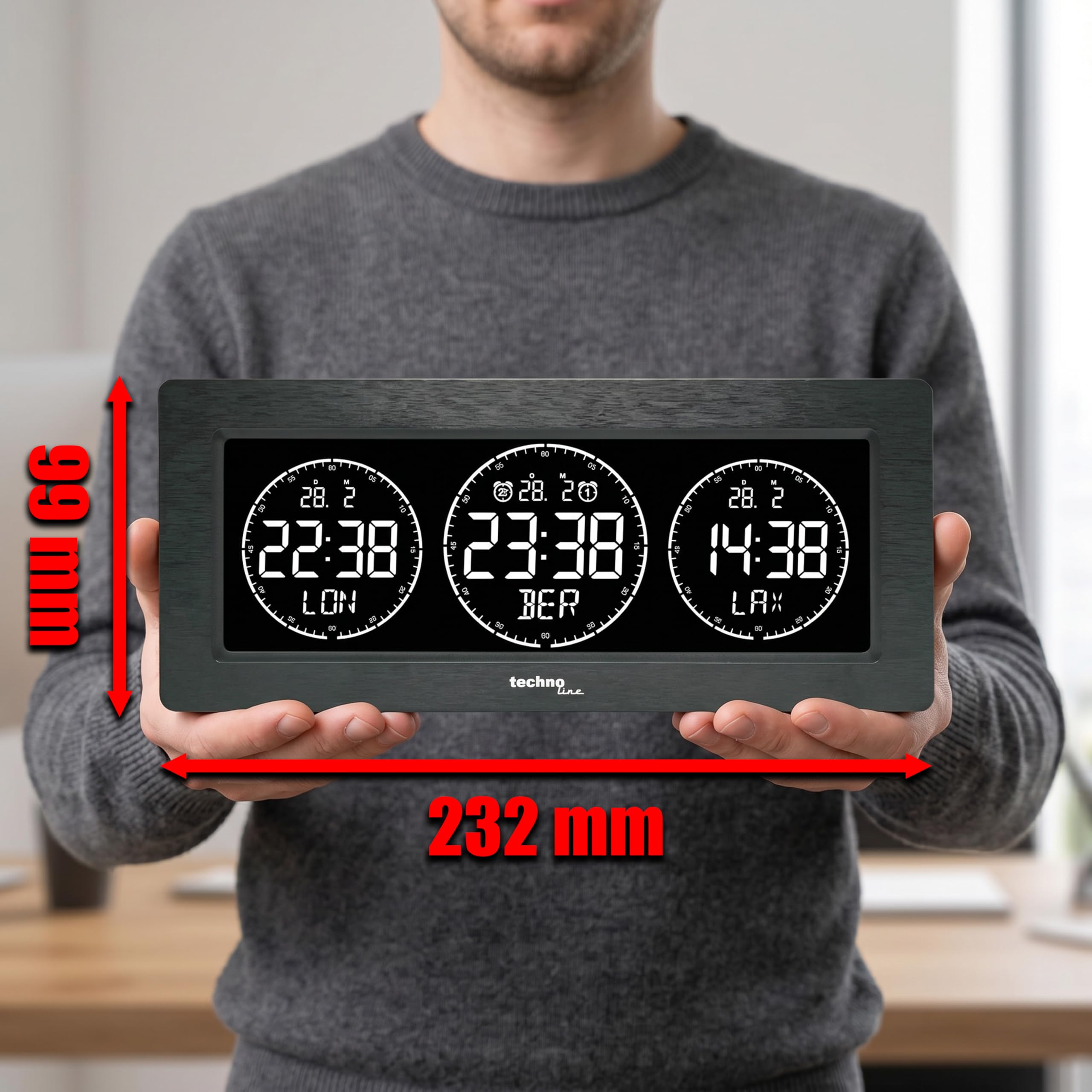 Technoline Horloge numérique Mondiale LED Noir, 3 affichages de l'heure, programmable