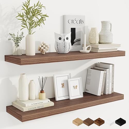 Miniatura 39 de Fun Memories Estantes flotantes para pared, estantes de pared de madera rústica de 24 pulgadas para baño, dormitorio, sala de estar, estantes Negro,