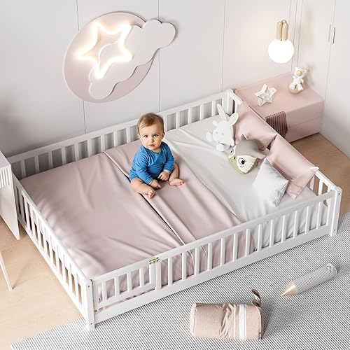 Miniatura 64 de Marco de cama Montessori de madera de tamaño individual con listones de madera, valla y puerta para niños, niñas y niños, espresso (con listones de