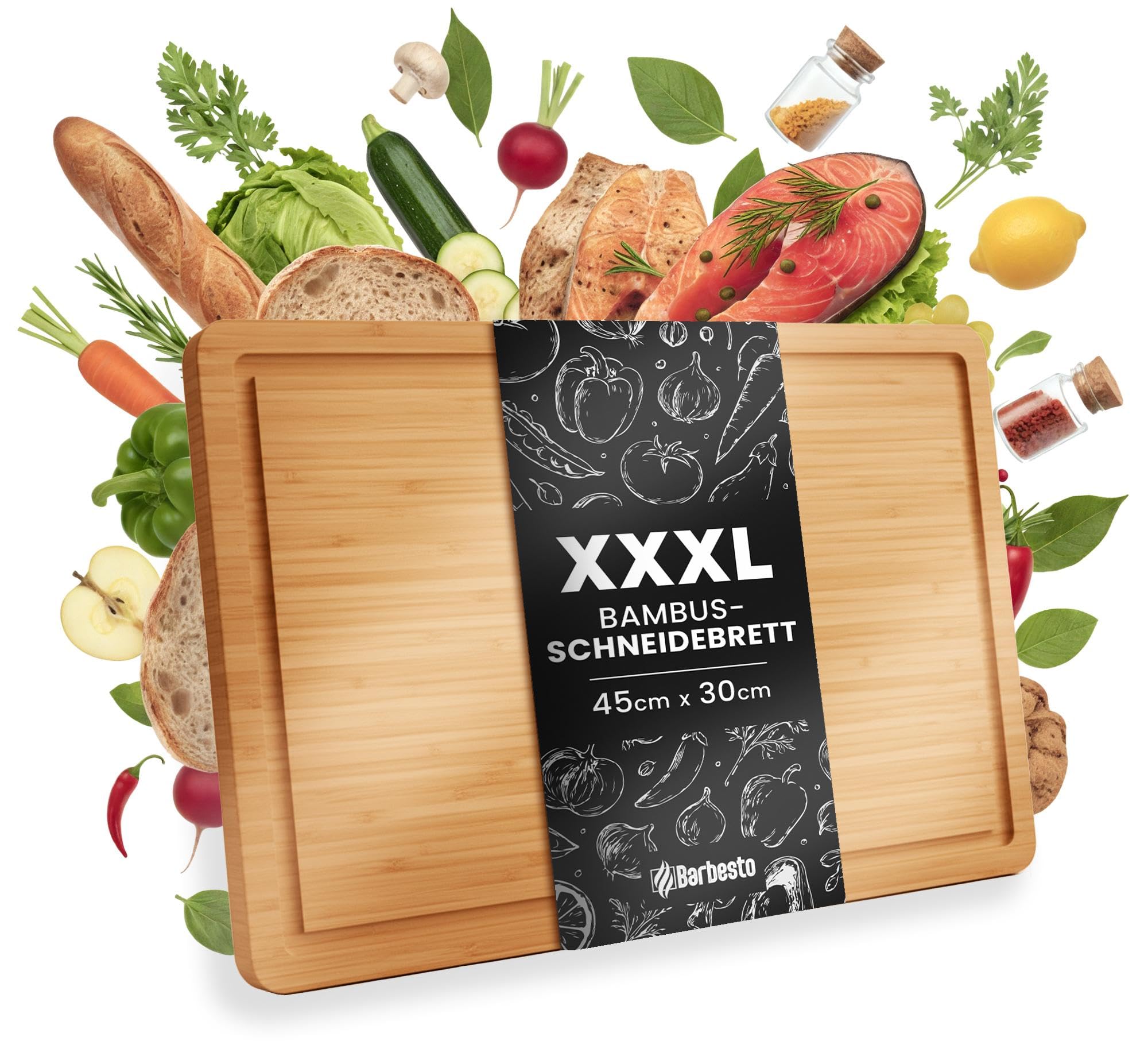 CLP Schneidebrett Holz groß XXXL 45 x 30 cm, Küchenbrett aus Bambus mit Saftrille, Holzbrett antibakteriell mit natürlicher Maserung Größe 45x30 cm
