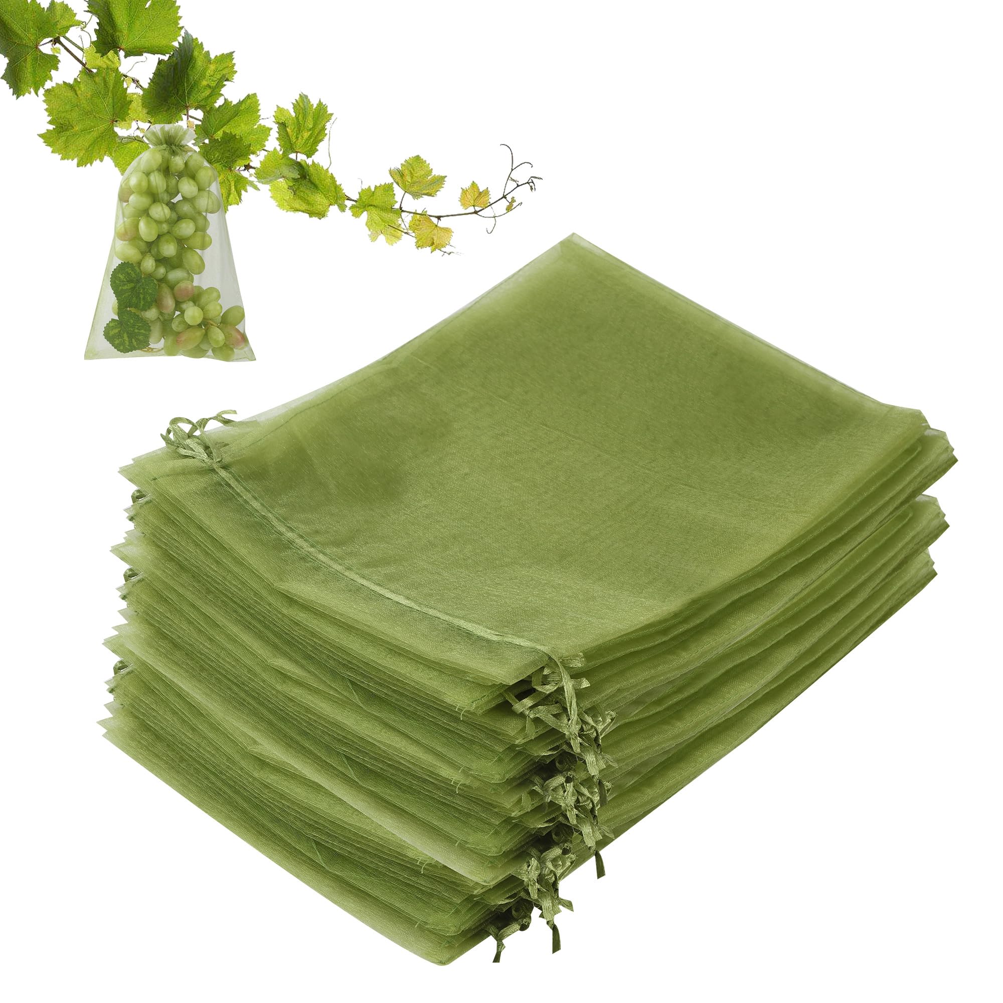 100 Piezas Bolsas Protectoras para Uvas, 20X30cm Cordón Bolsa para Proteger Fruta，Protege contra Avispas, Moscas de la Fruta, Pájaros y Otros Insectos, Verde Militar
