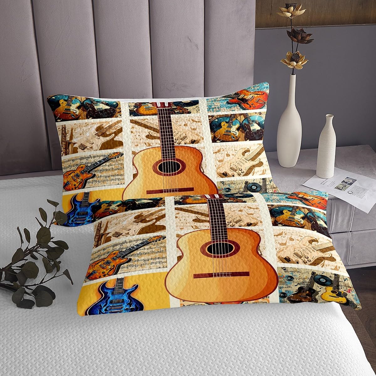 Homewish Guitar Music Bedding Set King Size,Wood Guitar Bedspread 3Pcs for Kids Teens Woman Boys Bedroom Decor,Patchwork Plaid Comforter Set Vintage Pop Music Quilt Coverlet,2 Pillowcases