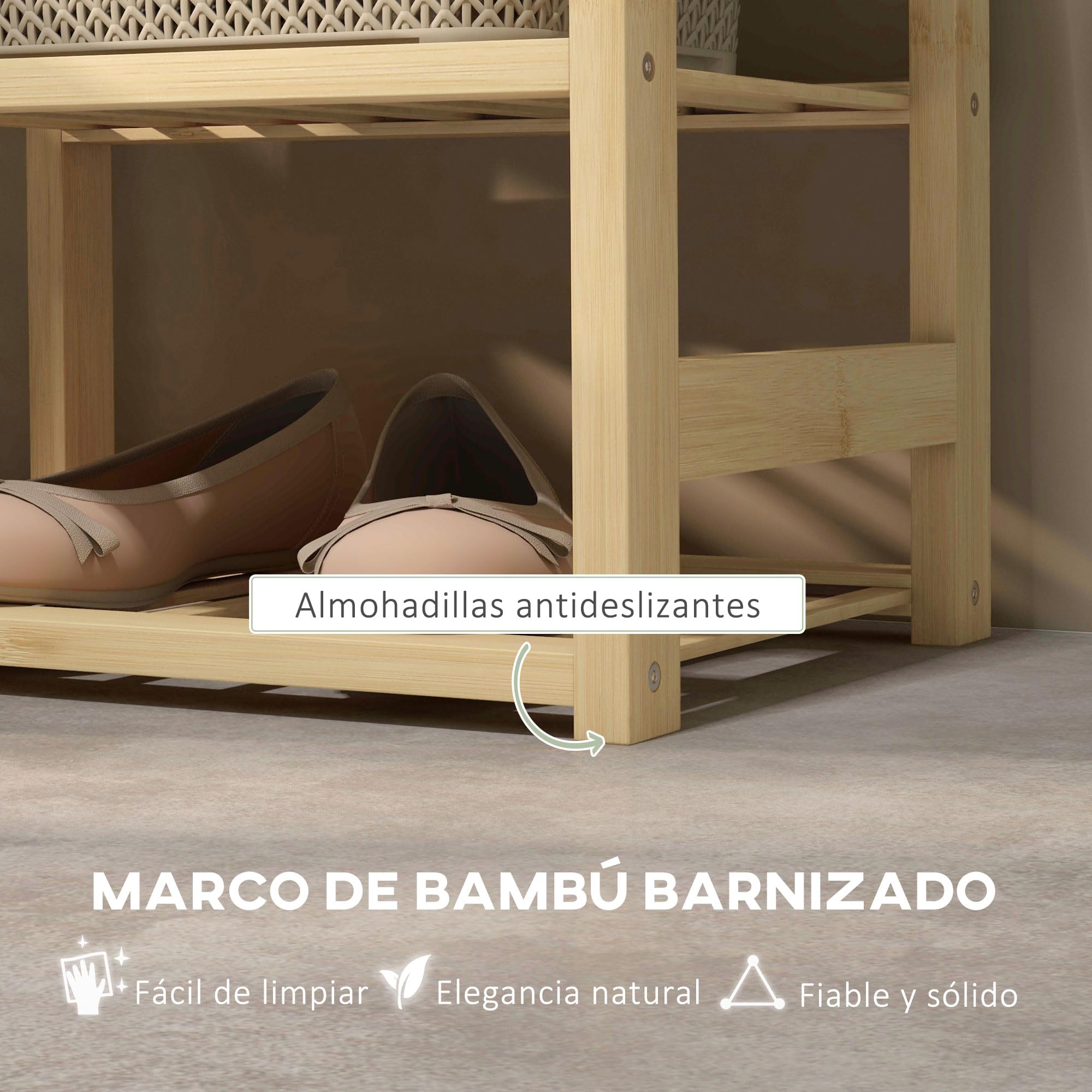HOMCOM Banco Zapatero de Bambú con Asiento 4 Pares 69x30x45 cm Natural | Mueble Zapatero, Cesta Extraíble, Estantes Abiertos, Bancos Pequeños para Recibidores