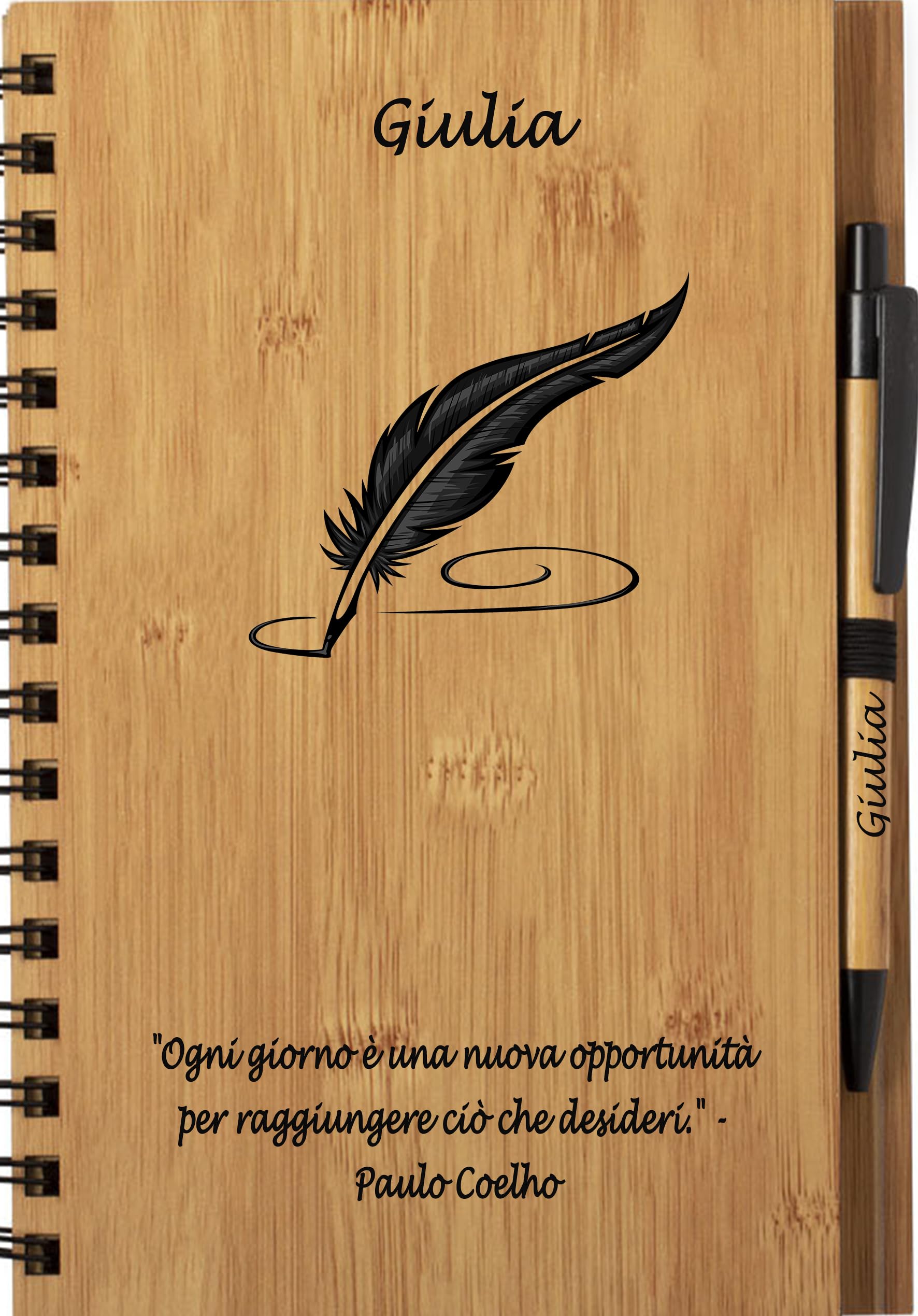 Taccuino Agenda e Penna Personalizzate a Sfera Legno Bambu' con Incisione Carta Riciclata Nome Regalo Laurea Comunione Compleanno con Scatola Bomboniera per Cerimonia Regalo Maestra Natale
