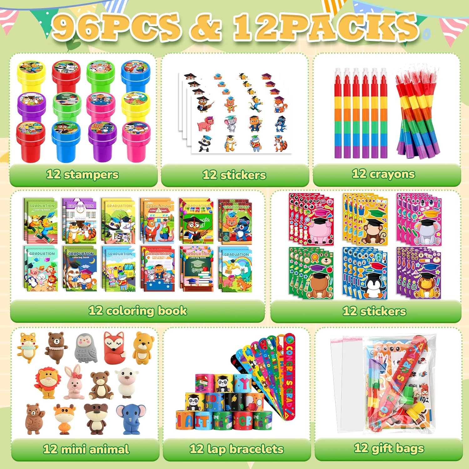 BenLouis 192 Pcs Graduation Party Favors for Kids Preschool Kindergarten Classroom Gifts Prize Coloring Books Set Bulk for Students Congrats Grad Goodie Bags Stuffers（Graduation Animals）