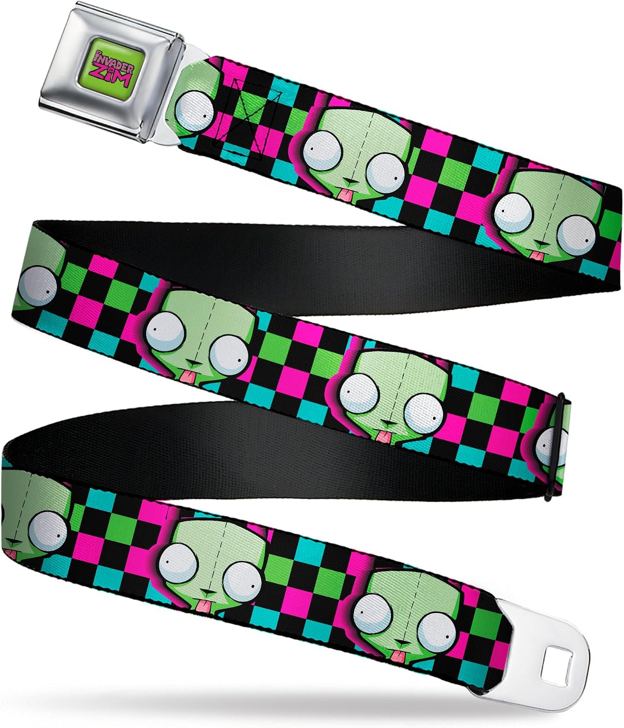 Nickelodeon Belt, Seatbelt Buckle Belt, Invader Zim GIR Face Checker Black Multi Neon, Adjustable