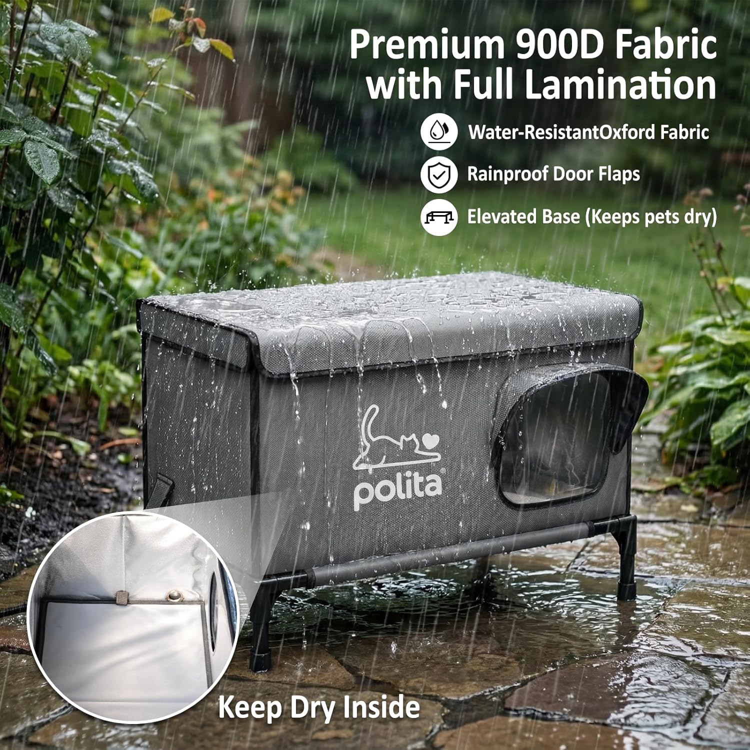 Polita Indestructible Heated Cat House for Outdoor Cats All Seasons, Extremely Insulated & 100% Weatherproof, Elevated Feral Cat Shelter with Waterproof Eaves &Safe Escape Door for Stray & Barn Cats​​
