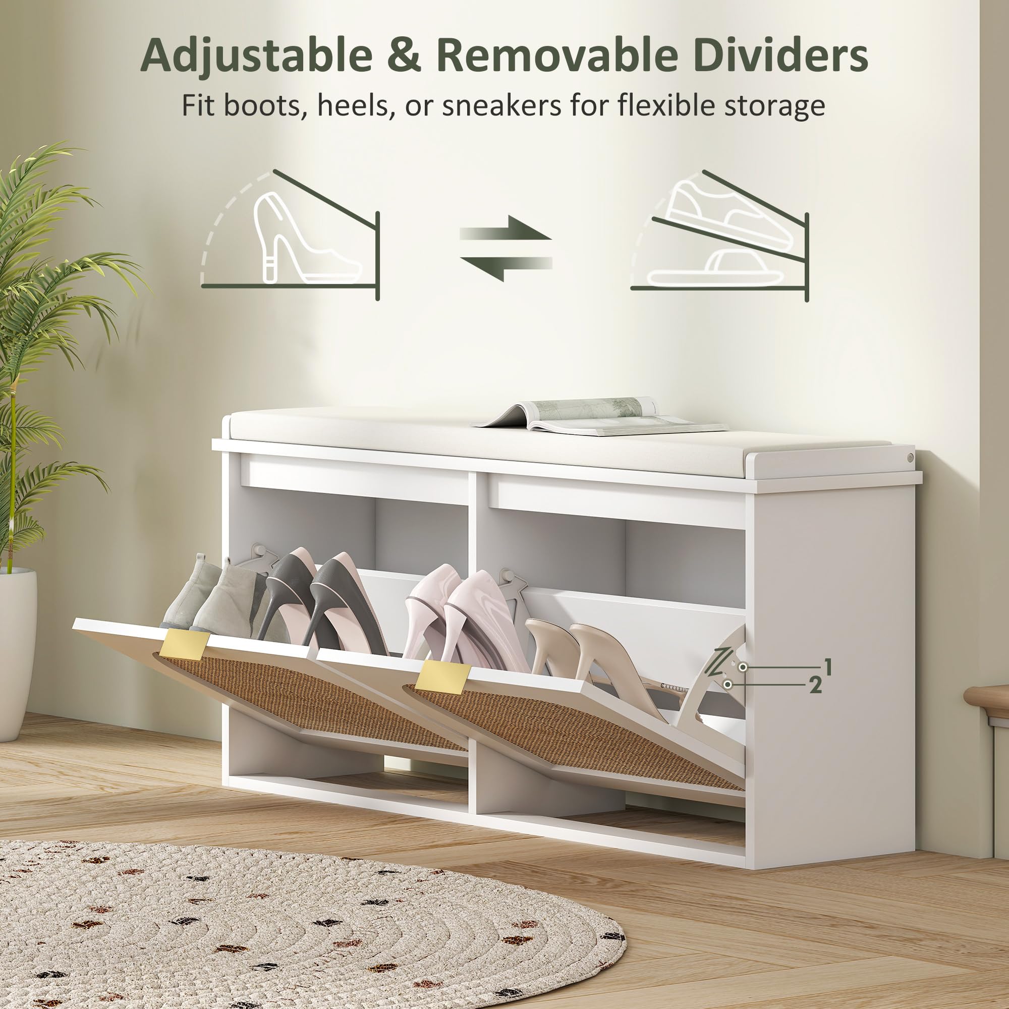 HOMCOM Banco estrecho para zapatos con asiento acolchado y 2 cajones abatibles, banco de almacenamiento de zapatos bohemio con puertas de ratán y estantes ajustables para pasillo, entrada, capacidad