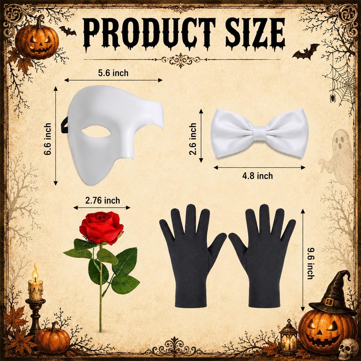 JcHrmers Halloween Opera Costume Set Include Tailcoat Jacket,Half Face Mask,Bow Tie,Gloves and Red Rose for Adults Dress Up
