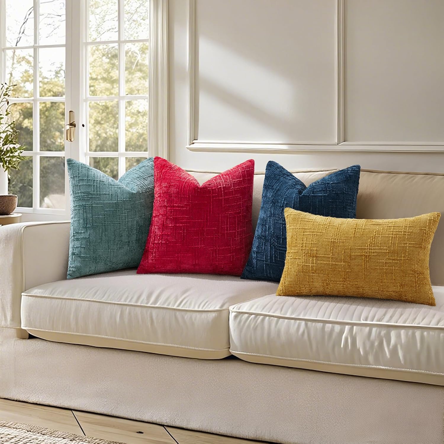 decorUhome Spring Red Chenille Throw Pillow Covers 18x18 Set of 2 Textured Soft Cozy Slubby Couch Pillow Covers Modern Farmhouse Boho Decorative Pillow Cases for Bed Sofa Living Room - Image 6