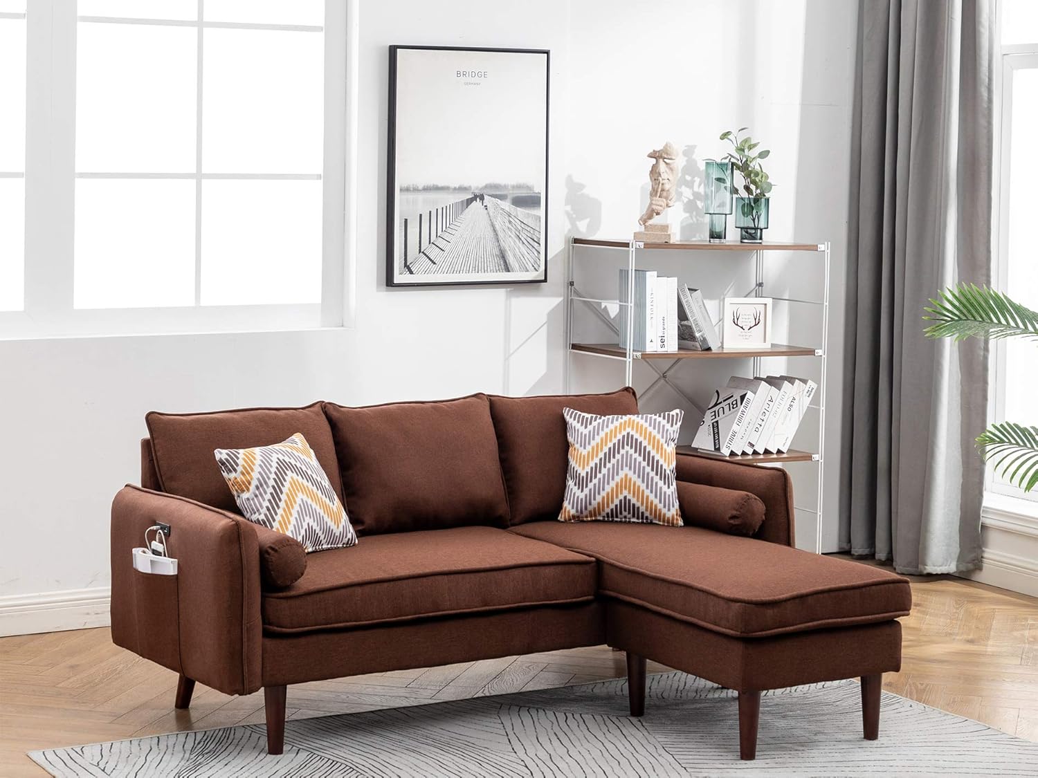 Lilola Home 70-inch Yellow Linen Reversible Sectional Sofa Chaise with USB Charger & Pillows
