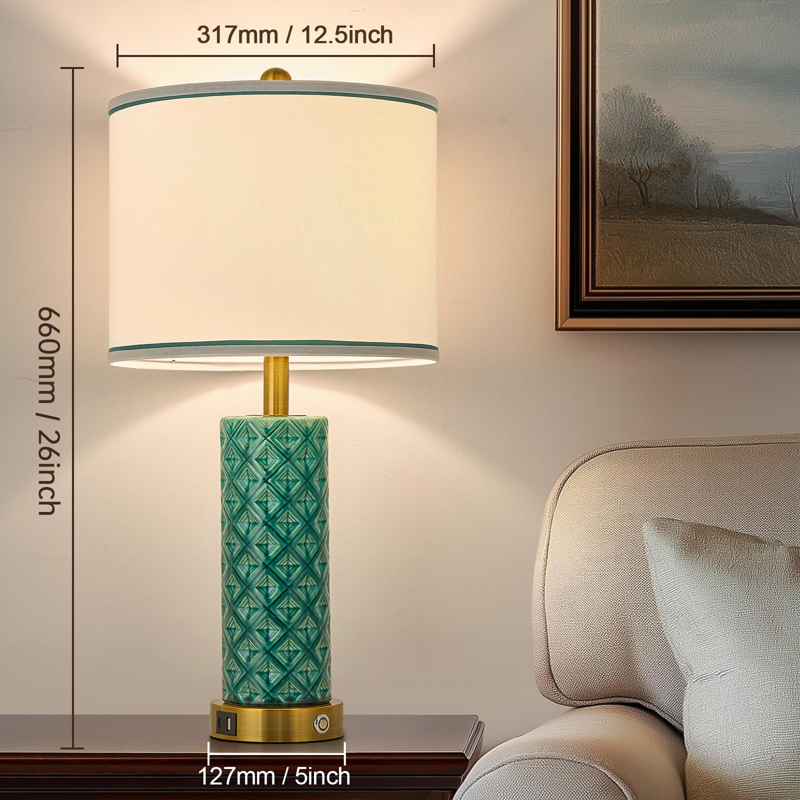 Set di 2 lampade da tavolo per soggiorno, camera da letto, fattoria, 66 cm, controllo touch, lampade in ceramica turchese, 3 vie, dimmerabili, con porte USB A+C, paralume in lino per la casa