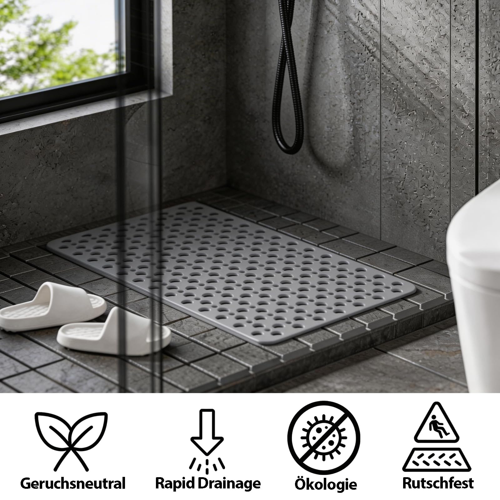 80 x 120 cm Grigio Tappetino Doccia Antiscivolo, Rettangolare Tappeto vasca, Tappeto Doccia Antiscivolo con Ventose e Fori di Drenaggio, Contiene TPE, Utilizzabile in Bagno, Vasca da Bagno e Cucina