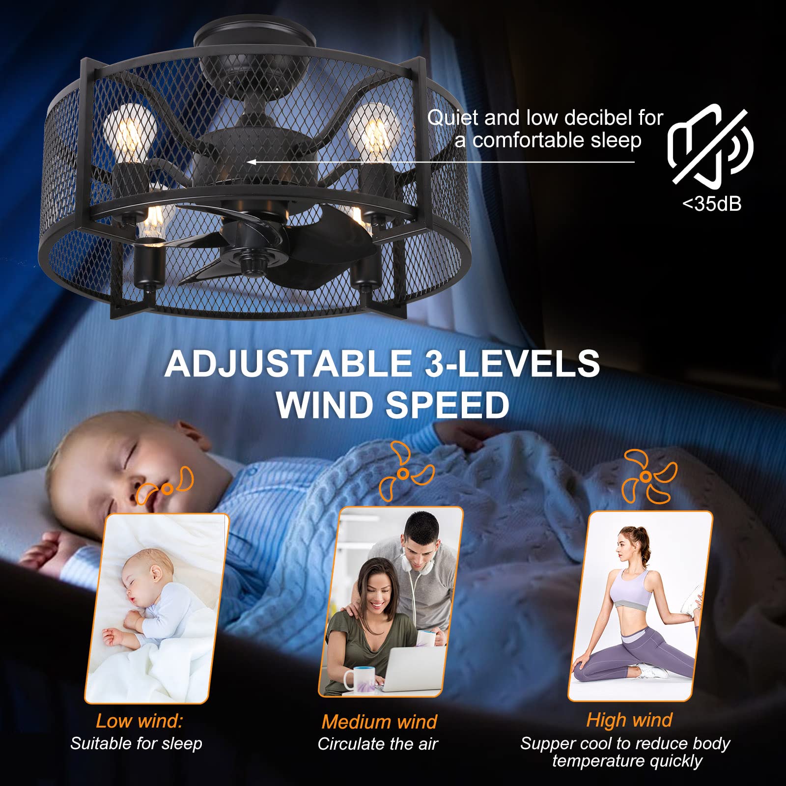 Ohniyou 20" Caged Ceiling Fan with Light Remote Control, Black Bladeless Ceiling Fan with Lights, Low Profile Farmhouse Ceiling Fan with Lights and Remote for Dining Room Living Room Bedroom Kitchen