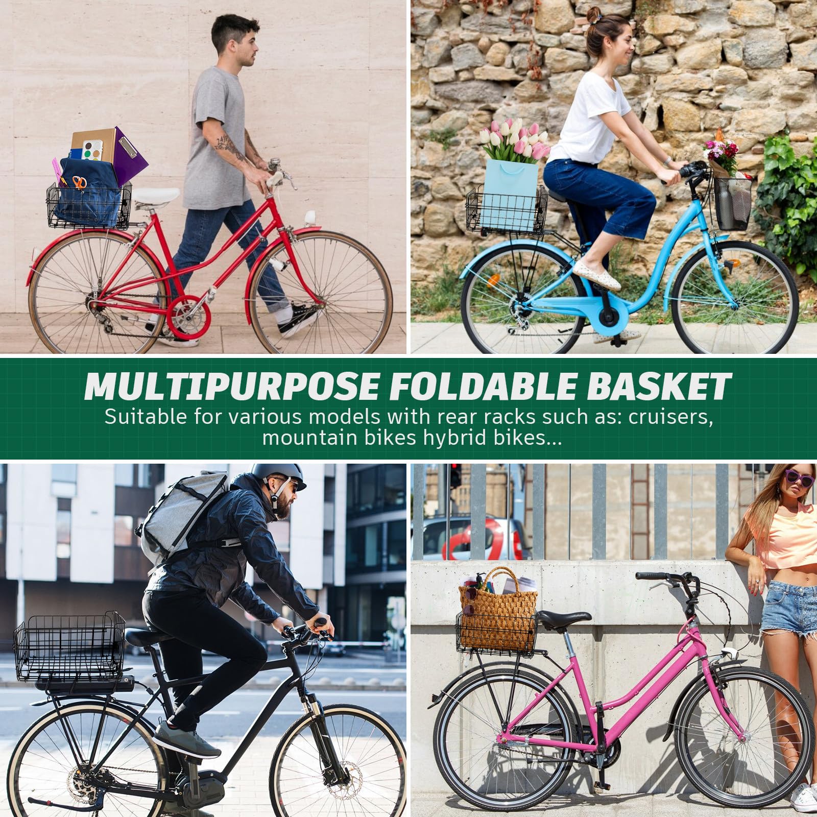 Panier de Vélo Arrière Pliant en Fil D’Acier Noir pour Vélo | Camping, Panier de Vélo Pratique Multifonction, Fournitures pour Vélos, Usage Outdoor