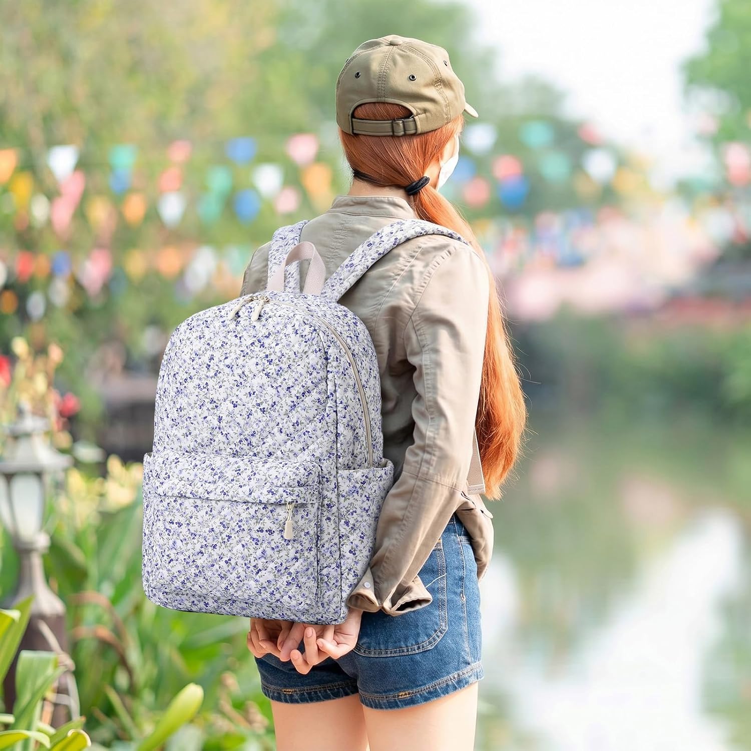 3 Pcs Quilted Backpack Bags Set, Floral, Dark Blue