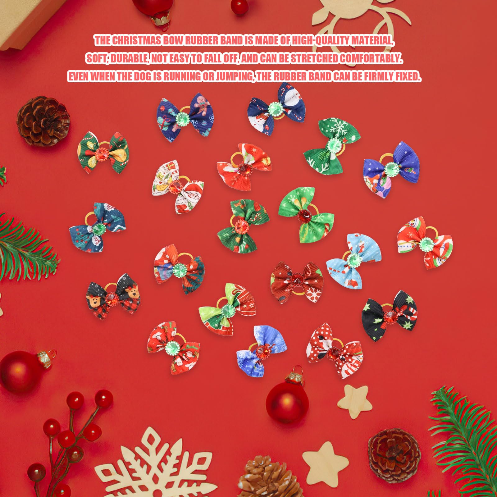 Christmas Dog Hair Bows, 20 Pcs Cute Dog Hair Bows with Elastic Rubber Bands - Image 3