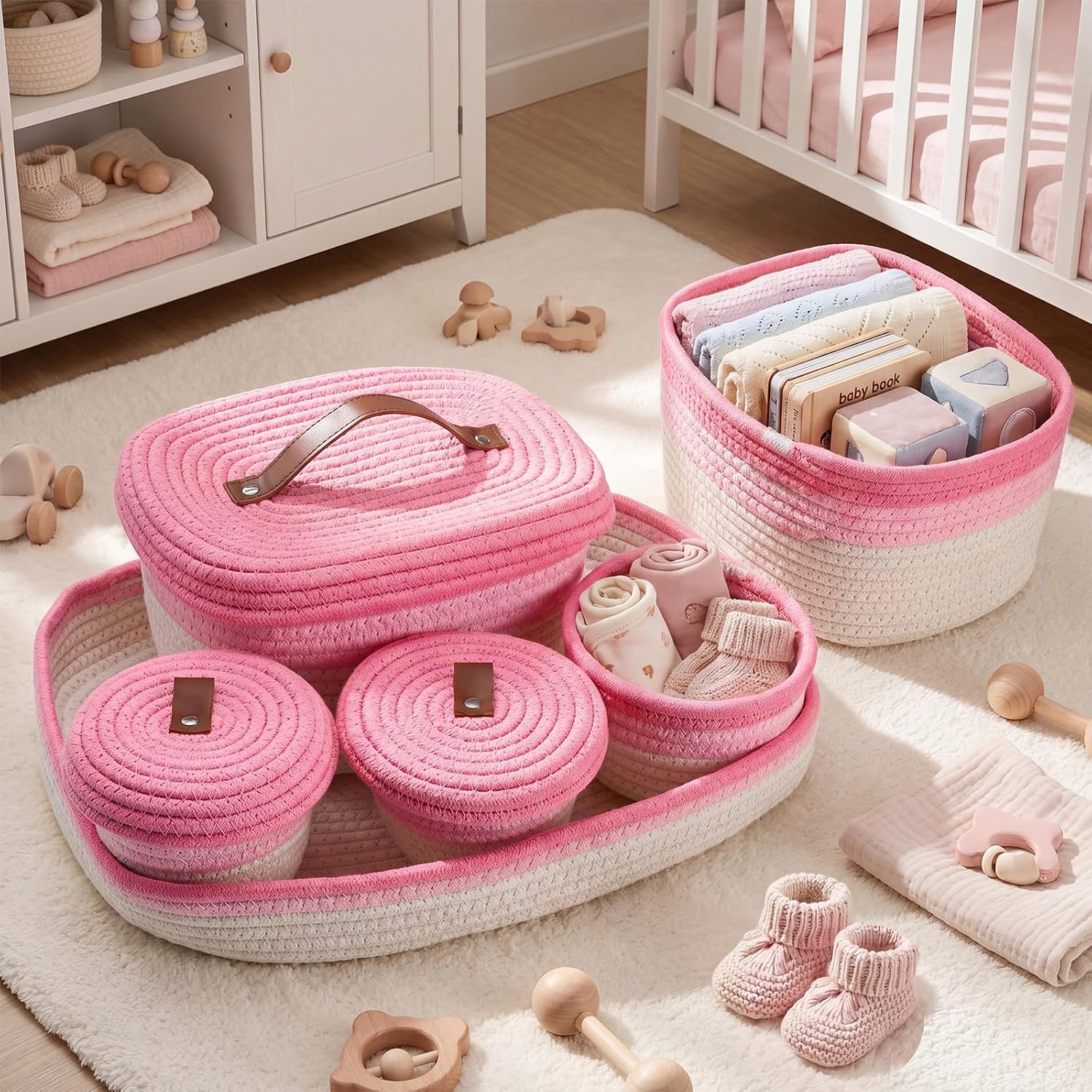 Hushee 6 Pcs Diaper Caddy Cotton Baskets Set 1 Large Woven Tray and 5 Nursery Storage Basket Organizer Pink Cute Handwoven Storage Bins for Diapers, Desk, Toys, Nursery, Baby Shower Gifts