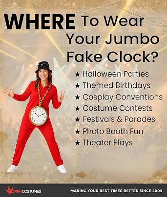 Morph Jumbo Clock Necklace Prop 10 Oversized Clock on 16 Chain White Rabbit Flavor HipHop Costume Accessory Lightweight Plastic Cosplay Halloween Decoration