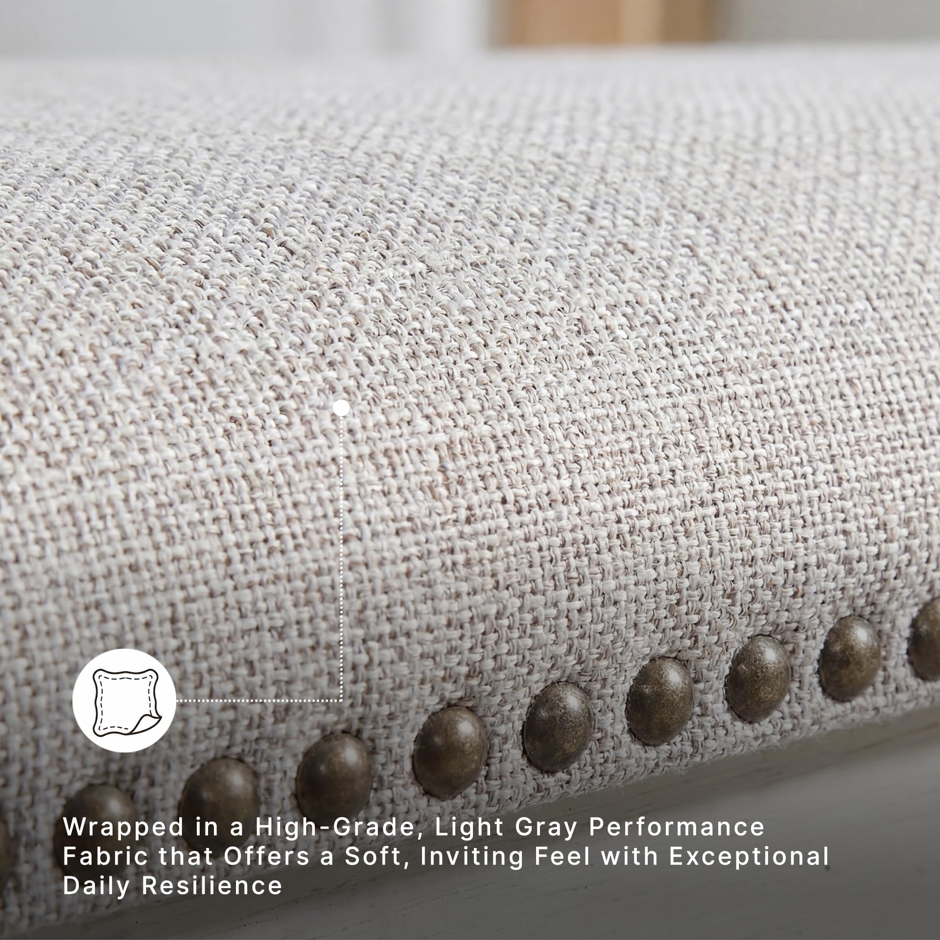 Signature Design by Ashley 48" Upholstered Dining Bench, Antique White | Solid wood frame with textured grain, Light gray polyester upholstered seat with nailhead trim, Seats 2, Robbinsdale