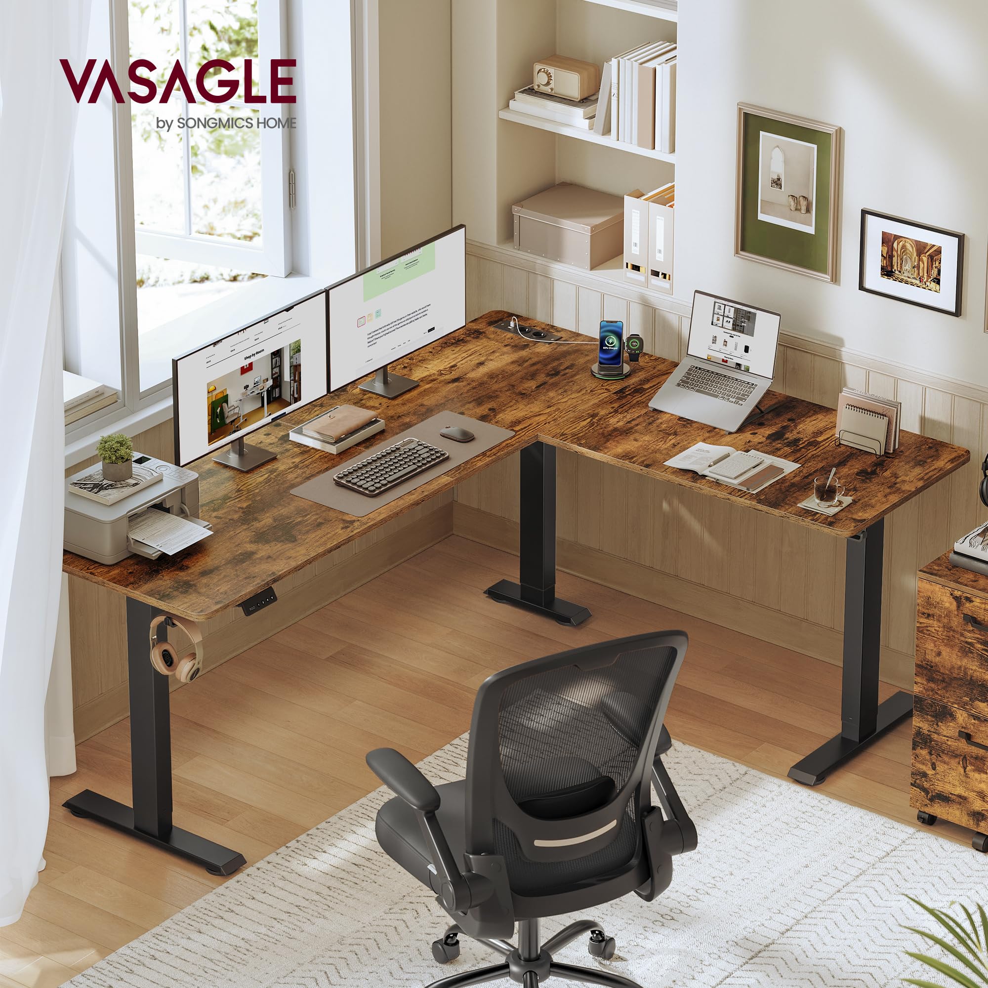 VASAGLE Höhenverstellbarer Schreibtisch, 190 x 155 cm, L-förmiger Eckschreibtisch, Stehtisch, 2 AC-Steckdosen, 2 USB-A-Anschlüsse, Ablage für Steckdosenleiste, für Büro, vintagebraun LSD295KD01