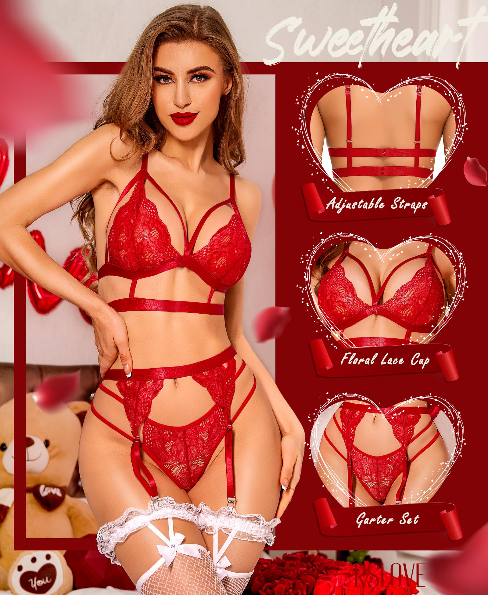ZXLIHS Conjunto de lencería Sexy para Mujer con Sujetador y Bragas de Encaje Floral, 3 Piezas con Liguero